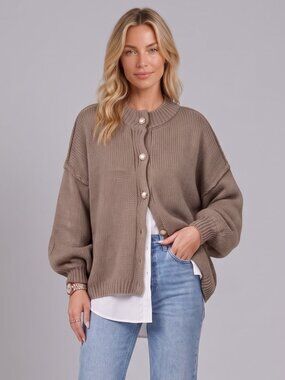Women's Beige Oversized Knit Cardigan Button Down Chunky Cozy Sweater